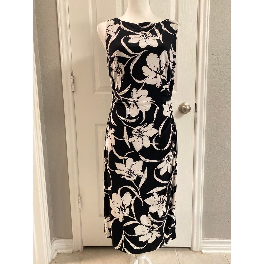 Lauren Ralph Lauren Black White Floral Ruched Sheath Dress Lined Size 10